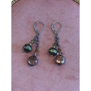 Sterling Silver Earrings w Brown &‎ Green Pearl Dangle Drops